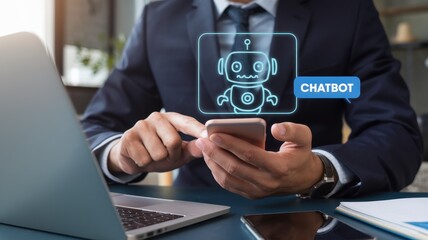 Businessman using Chatbot on Smartphone