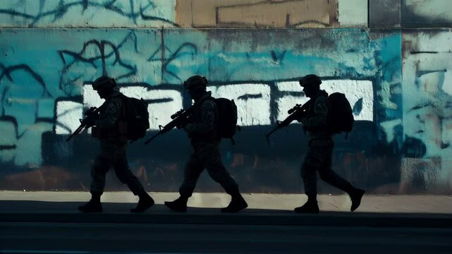 Brave soldiers are on patrol in a challenging urban environment, showcasing their skills and teamwork