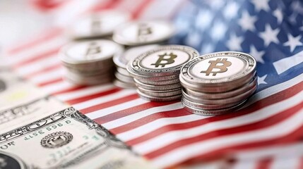 American Flag and Stacked Bitcoin Cryptocurrency Coins Representing Digital Finance and Money Transactions