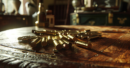 Golden ammunition scattered on a rustic wooden table in a warm, inviting room showcasing vintage decor and soft afternoon light