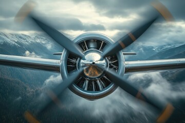 Propeller plane engine close-up, soaring above snow-capped mountains and clouds.