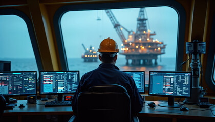 Engineer works in control room offshore oil platform. Monitors multiple screens displaying data. Industrial rig visible through window. In charge of operations. Workplace modern with tech equipment.