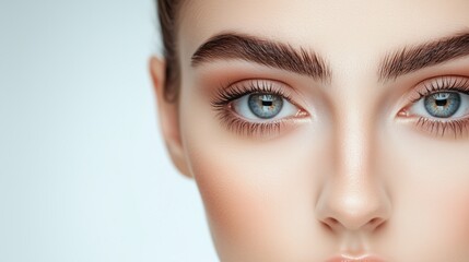 Fototapeta premium Eyelash extension procedure. Beautiful woman with long eyelashes. Facial treatment. Cosmetology, beauty skin care and spa concept. Isolated on white background. Permanent makeup. Microblading brow. 