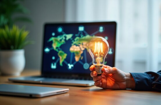 Hand holds glowing lightbulb. Global map with renewable energy icons on laptop screen. Innovative eco solution. Business idea. Future energy sources. Saving planet. Sustainability. Global