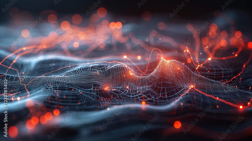 Poster futuristic glowing digital landscape with vibes and particle waves