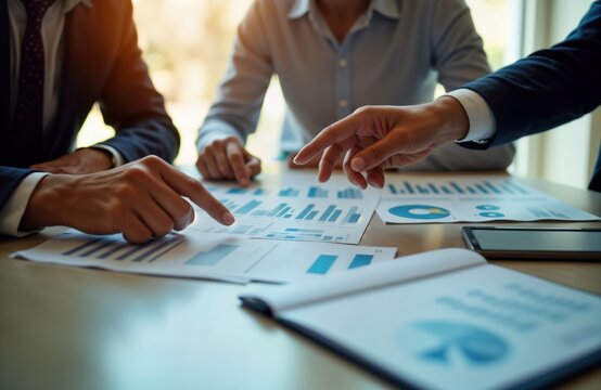 Business team analyzes profitability graphs. Professionals examine financial data. Discuss market growth. Collaboration on strategy planning, company profit. Focused group discussion in office.
