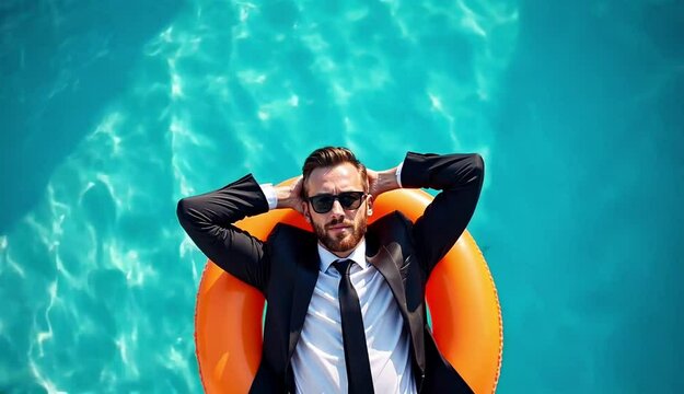 A man in a suit floats on an orange inflatable in a turquoise swimming pool