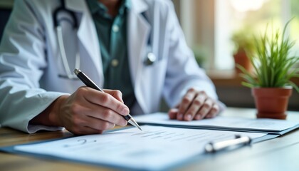 Closeup of medical pro reviewing documents. Person in lab coat examines compliance forms. Focus on meticulous analysis of regulation standards. Person carefully fills important forms. Indoor setting