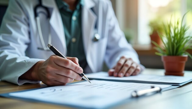 Closeup of medical pro reviewing documents. Person in lab coat examines compliance forms. Focus on meticulous analysis of regulation standards. Person carefully fills important forms. Indoor setting