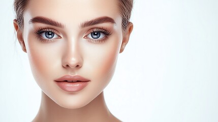 Fototapeta premium Eyelash extension procedure. Beautiful woman with long eyelashes. Facial treatment. Cosmetology, beauty skin care and spa concept. Isolated on white background. Permanent makeup. Microblading brow. 