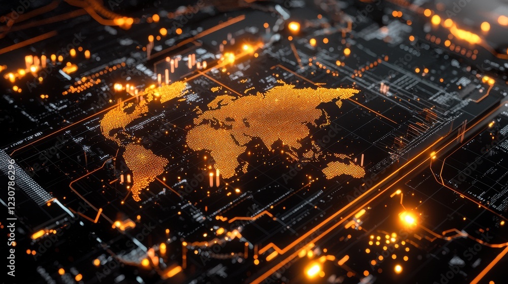 Poster glowing digital world map of global network and communication technology