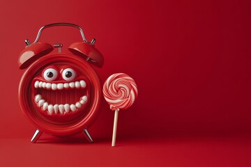 A wind-up toy with a mouth and eyes, holding a lollipop, and a red alarm clock on a red background