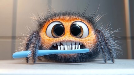 Obraz premium A humorous cartoon features a spider brushing its numerous teeth with various toothbrushes, framed on a textured background