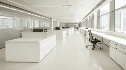 Modern, bright office interior with white desks, chairs, and floor, large windows with city view.