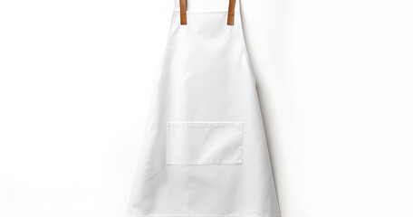 White apron with wooden straps hanging against a plain backdrop, showcasing minimalistic design ideal for cooking or crafting activities