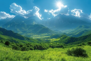 Fototapeta premium Mountains with green grass and trees in the foreground
