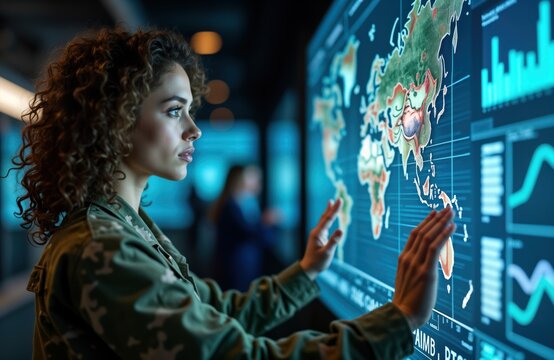 Female soldier interacts with futuristic digital interface displaying world map, data visualizations. In military facility command center. Actions suggest analyzing global information coordinating