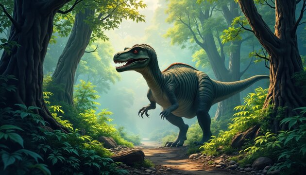 Herrerasaurus dinosaur silently stalks prey in ancient forest. Prehistoric scene shows dinosaur hunt in verdant forest. Dinosaur species displays dominance, agility. Prehistoric wildlife ecosystem