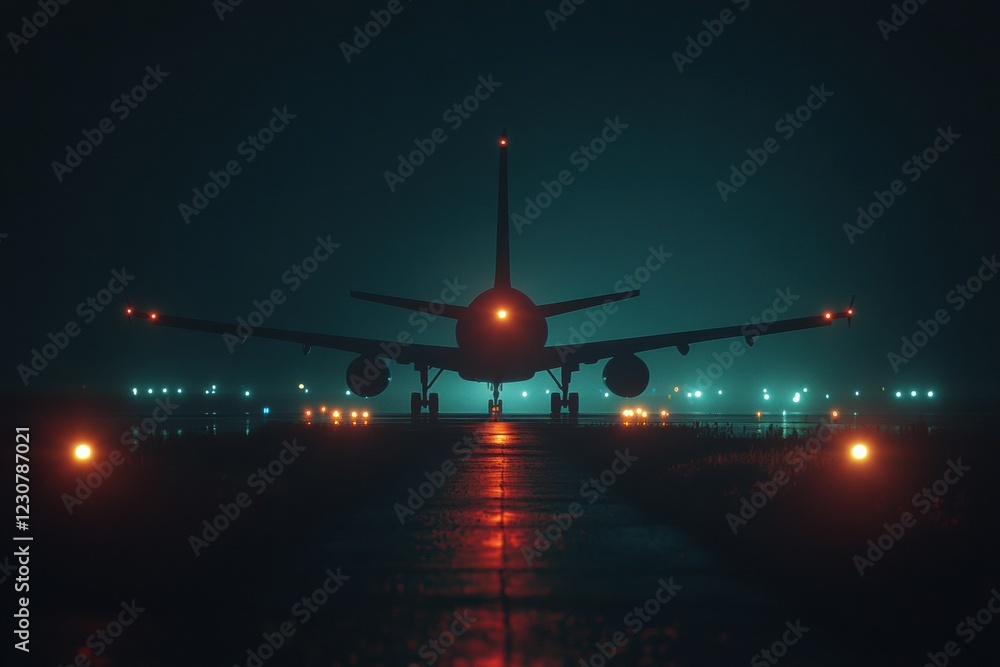 Leinwandbilder airplane awaits takeoff on illuminated runway surrounded by vibrant navigation lights at night. gene