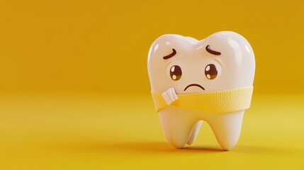 A sad cartoon tooth is shown with a band-aid wrapped around its enamel, set against a yellow background, illustrating the concept of toothache and dental care