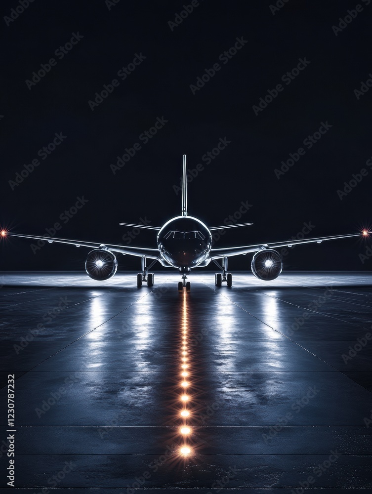 Aufkleber airplane on illuminated runway at night surrounded by navigation lights ready for takeoff. generativ
