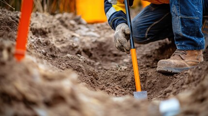 A detailed view of an engineer inspecting underground utilities before excavation begins on a construction site, Utility inspection scene, Infrastructure assessment style