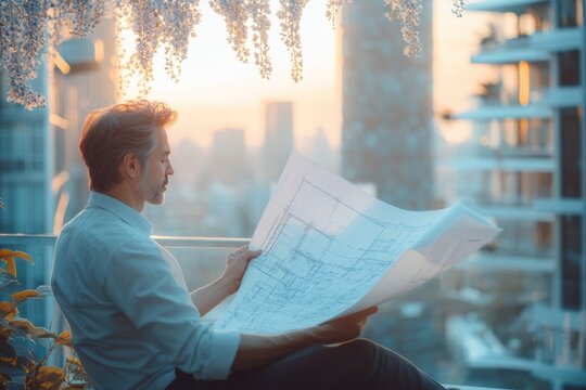 A man reviews architectural blueprints on a balcony at sunset, overlooking a cityscape.