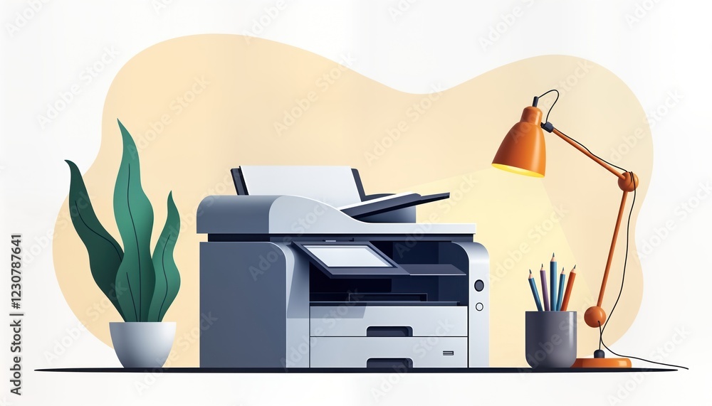 Poster modern office printer with output tray. stylish tech device in workspace. printing documents. office