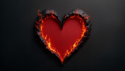 abstract dark background for Valentine day holiday, red heart shape with fire on a black backdrop, burning flames around the edge