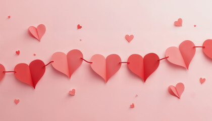 abstract background for Valentine's Day celebrations, red hearts on a pink background are connected by a thread together, with an empty space