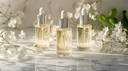 Luxury facial care serum with with white flower on white marble on white background . Beauty product and cosmetic concept.