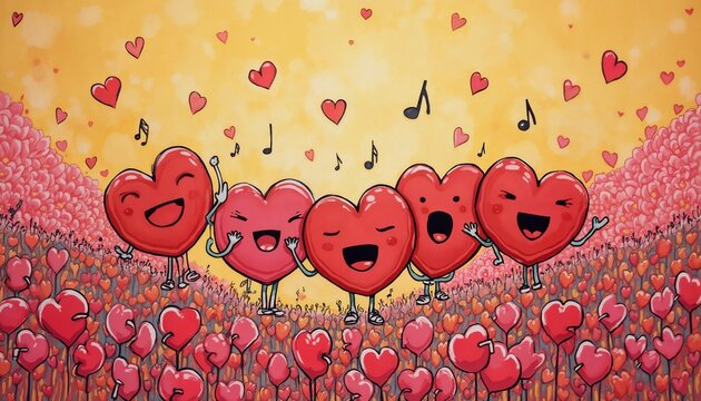 abstract background for Valentine's Day celebrations, red singing hearts and flowers rejoice and are happy together, pop art illustration