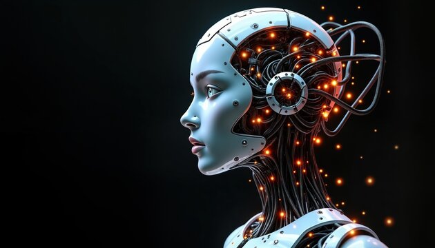 Futuristic female robot head. Profile view. Visible tech details inside head. Artificial intelligence concept. Generative ai. Modern robot design. Intelligent machine. Advanced tech. Cyborg head.