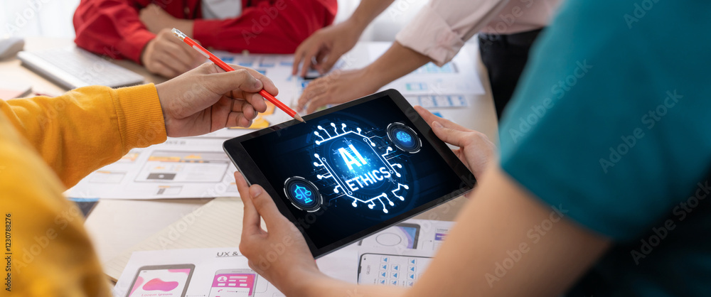 Poster ai ethics responsibility standard law and rules on computer screen provide report of ai ethic transp