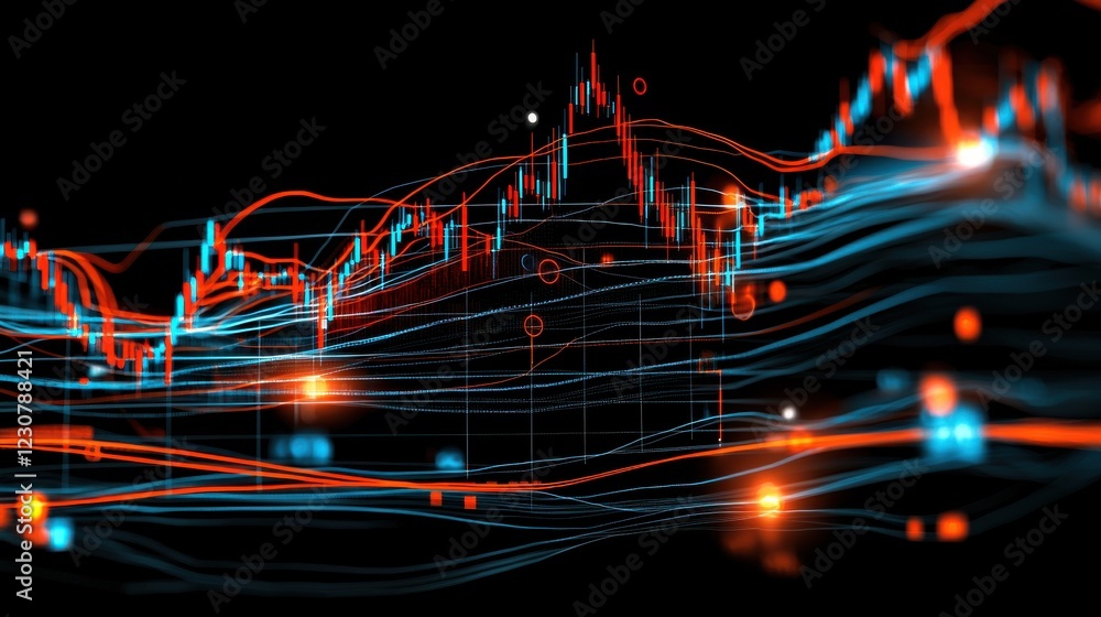 Poster dynamic financial market data analytics dashboard with colorful charts and graphs