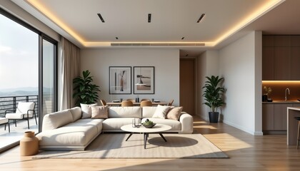 Fototapeta premium Modern apartment interior. Spacious living room with comfortable sectional sofa, dining area. Large windows offer city views, access to balcony. Kitchen with wooden cabinets, breakfast bar. Open plan