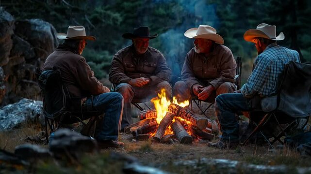 A group of cowboys gathers around a warm campfire, exchanging tales and laughter as the sun sets. The crackling fire illuminates their relaxed faces against the backdrop of the darkening forest.