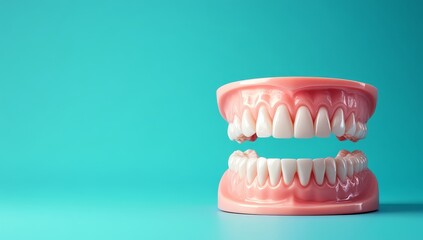 Obraz premium A playful model of oversized teeth set against a bright turquoise backdrop, exhibiting a humorous design