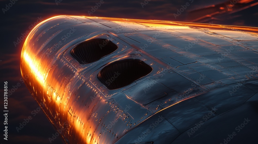 Poster sunset reflection on airplane wing showcasing vibrant colors and sleek metal design during evening f