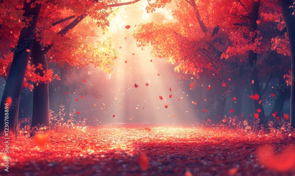 Poster magical autumn forest path with falling leaves and sunbeams.