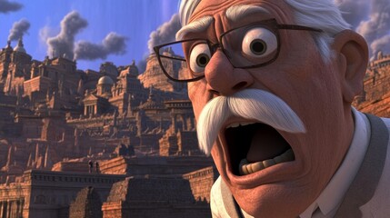 A detailed view of an animated senior man with a surprised look, complete with thick eyebrows, a mustache, and a wrinkled face