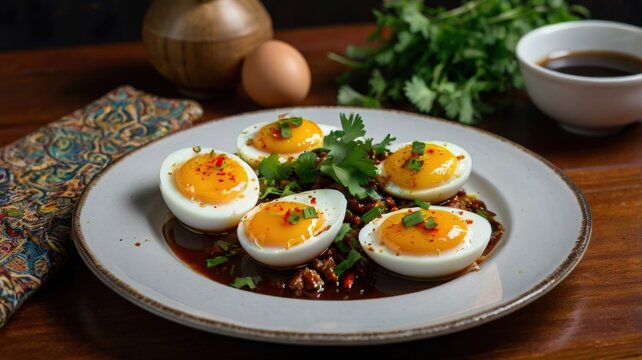 Top-Down Close-Up of Telur Masak Kicap &ndash; Malaysian Soy Sauce Eggs with Red Chilies and Cilantro