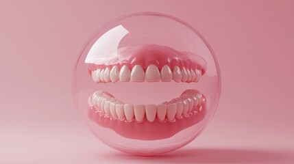 A whimsical piece featuring dentures enclosed in a clear sphere atop a pink surface, merging elements of humor, surrealism, and dental abstraction