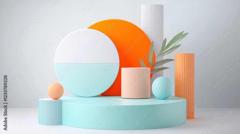 Poster minimalist geometric shapes and forms display composition on pastel colored backdrops