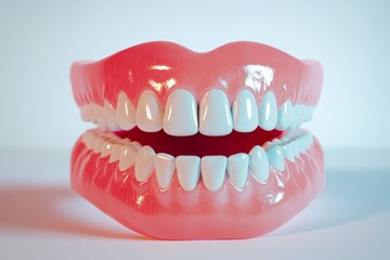 Realistic pink plastic dentures, featuring white teeth, are displayed on a pristine white background, ideal for dental education and humorous ideas