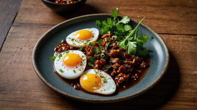 Top-Down Close-Up of Telur Masak Kicap &ndash; Malaysian Soy Sauce Eggs with Red Chilies and Cilantro