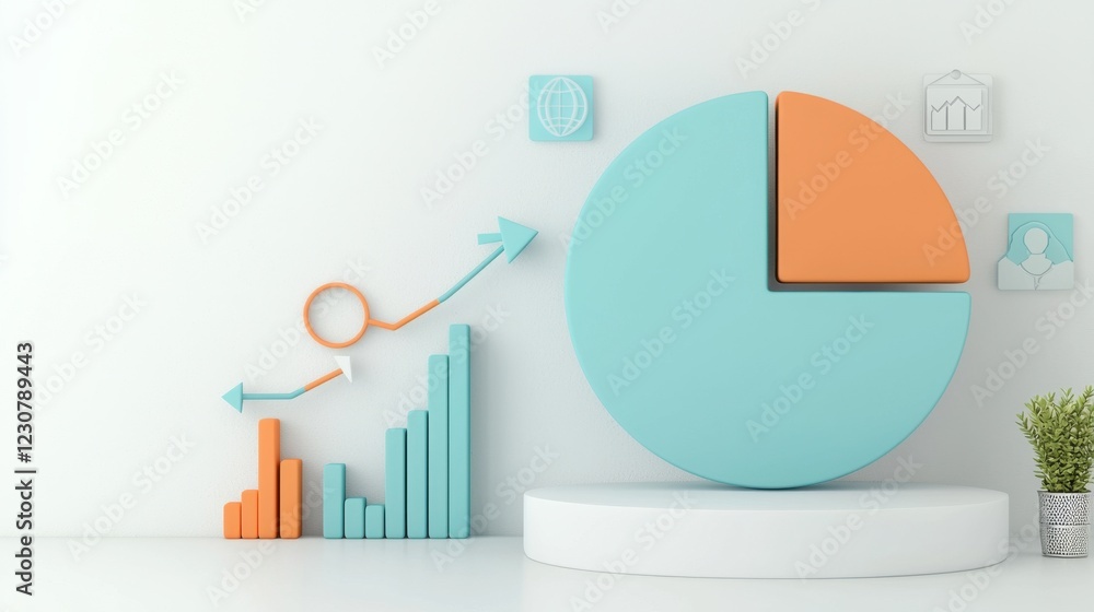 Poster vibrant geometric shapes and pie chart graph for business analytics and data visualization