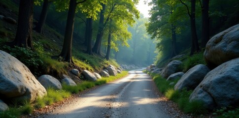 Obraz premium Winding road traversing through a forest of large stones and boulders, with trees on either side, winding, landscape, road