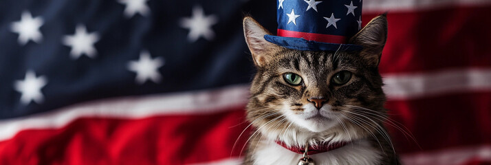 An adorable cat wearing a stars-and-stripes themed hat, symbolizing American pride and the Fourth of July celebration.