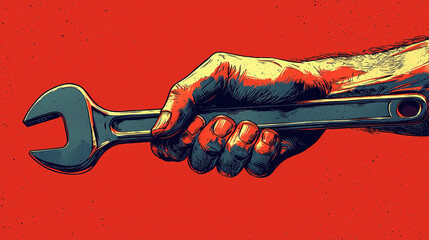 Construction worker holding wrench tight on red background